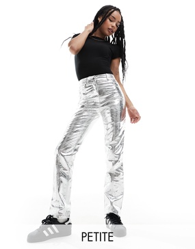 River Island Petite straight leg pants in silver metallic