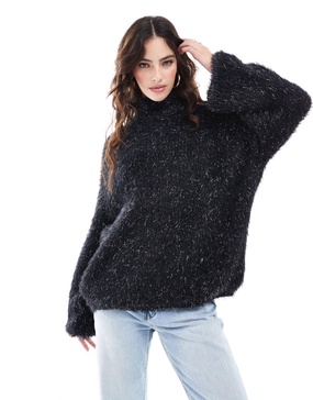 ASOS DESIGN funnel neck eyelash sweater with banana sleeve in black