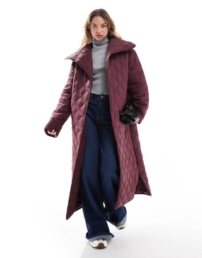 ASOS DESIGN waterfall collar quilted longline coat in burgundy