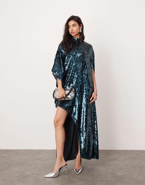 ASOS EDITION sequin high neck cape sleeve mini dress with asymmetric hem in dark blue