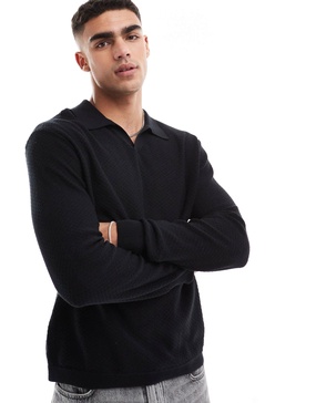 Cotton On long sleeve knitted polo lightweight sweater in black