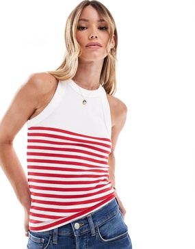 Mango high neck half stripe tank top in white and red