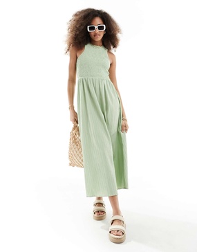 ASOS DESIGN racer crinkle midi sundress with scoop back in sage green