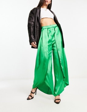 River Island wrap over wide leg satin pants in bright green - part of a set