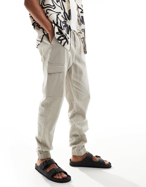 Brave Soul linen look elastic waist pants in light stone