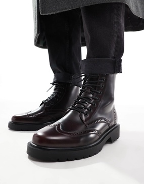 ASOS DESIGN lace up brogue boots in burgundy polish