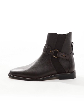 ASOS DESIGN chelsea boots in brown leather with strap and buckle