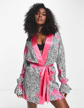 Liquorish satin robe in leopard and floral print