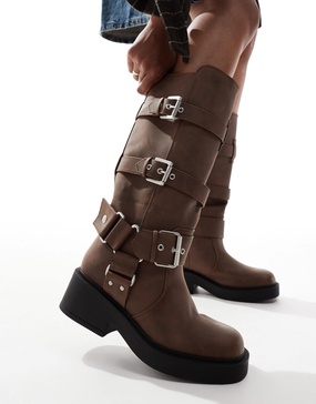 ASOS DESIGN Captain multi-buckle biker knee boots in brown