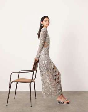 ASOS EDITION embellished long sleeve sequin cut work plunge neck midaxi dress in silver