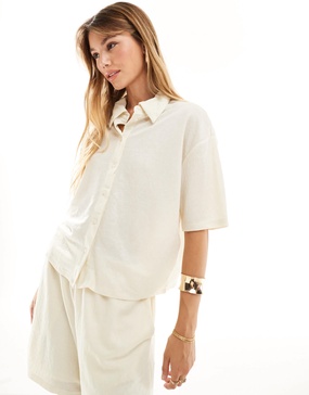 Vila stretch textured jersey shirt in cream - part of a set