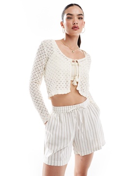 Vila crochet stretch tie front cardigan in cream