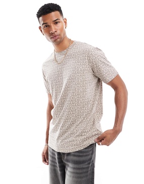 Armani Exchange boxy fit t-shirt in beige with all over lettering print