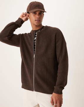 ASOS DESIGN knitted relaxed fisherman rib zip up bomber sweater in brown