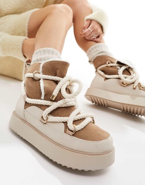 ASOS DESIGN Alpine faux shearling lace up snow boots in off-white