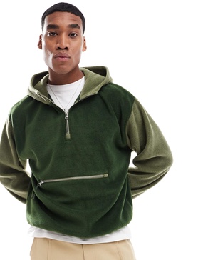 ASOS DESIGN oversized polar fleece hoodie with color block in dark green