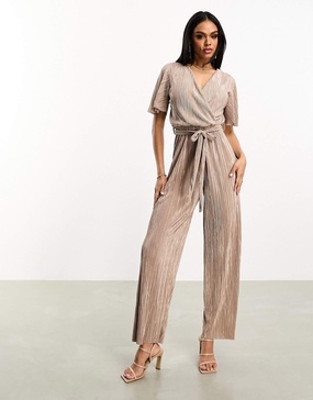 AX Paris short sleeve plisse wrap jumpsuit in taupe