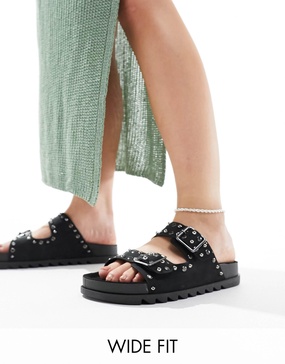 ASOS DESIGN Wide Fit Fantasy studded flat sandal in black