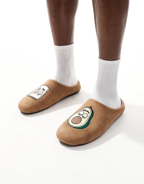 ASOS DESIGN mule slippers in tan with avocado badge