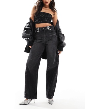 Bershka diamante western wide leg jeans in washed black