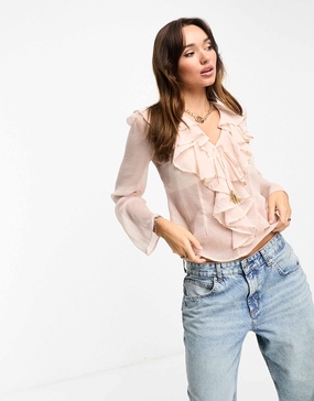 River Island embellished ruffle blouse in light pink