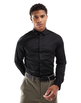 ASOS DESIGN slim fit sateen shirt in black