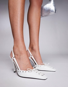 ASOS DESIGN Pretty lace up detailed slingback high heeled shoes in white