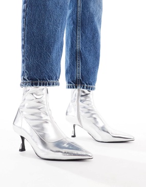 ASOS DESIGN Wide Fit Ryder kitten heel sock boots in silver