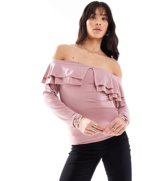 Motel ruffle off shoulder slinky long sleeve top in pink