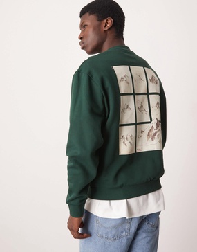 ASOS DESIGN oversized sweatshirt with chest embroidery and mountain back print in dark green