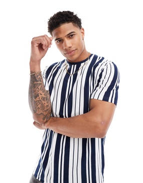 Brave Soul vertical stripe t-shirt in navy & white