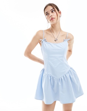 Motel bow detail lace trim mini dress in powder blue