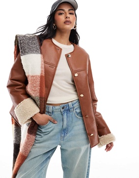 ASOS DESIGN collarless borg bonded jacket in tan