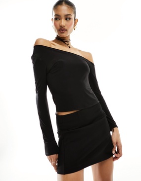 Fashionkilla slinky off shoulder top with neck tie in black