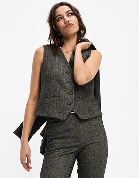 Mango herringbone wool suit vest in gray