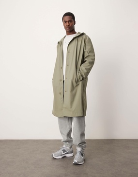 ASOS DESIGN rubberized trench coat with hood in khaki