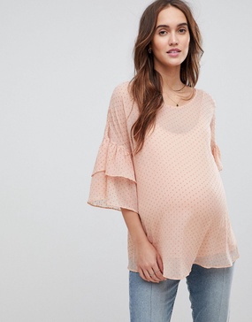 Mamalicious Flocked Woven Top With Frill Sleeve