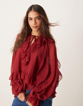 ASOS DESIGN tiered ruffle detail long sleeve blouse in burgundy