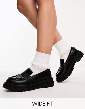 ASOS DESIGN Wide Fit Majesty chunky fringed loafers in black