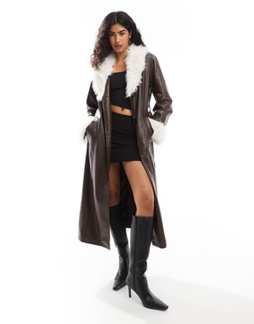 ASOS DESIGN faux fur collar and cuff longline leather look coat in chocolate