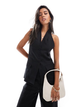 Mango halter neck linen vest in black