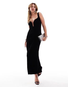 Bardot plunge velour maxi dress in black