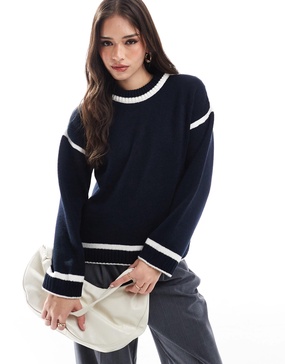 ASOS DESIGN knit sweater with contrast cream seams in navy