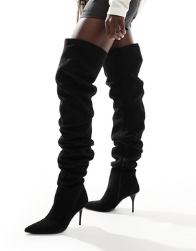 ASOS DESIGN Knock ruched heeled over the knee boots in black