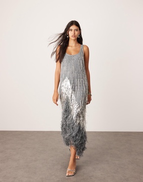 ASOS EDITION scoop neck embellished tassel midi dress with faux feather hem in silver gray