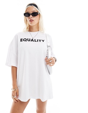 Noisy May oversized t-shirt dress with slogan in white