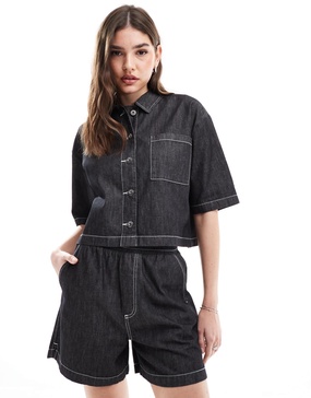 COLLUSION oversized short sleeve lightweight denim shirt with contrast stitch - part of a set