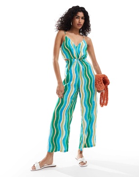 Mango striped cami wide leg jumpsuit in green