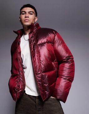 ASOS DESIGN oversized puffer jacket in metallic burgundy