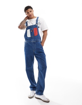 Tommy Jeans retro archive denim overalls in mid wash